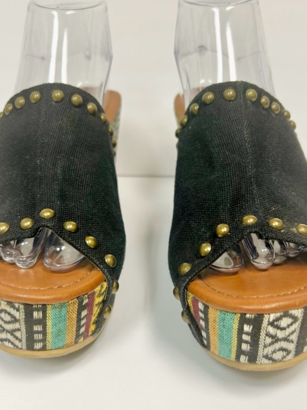 Rampage Wedge Sandals Women 9 Black Studded Platform Boho Chunky (fits small)